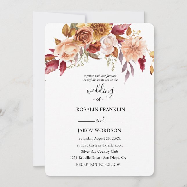 Invitación acuarela de boda floral rústica  (Anverso)