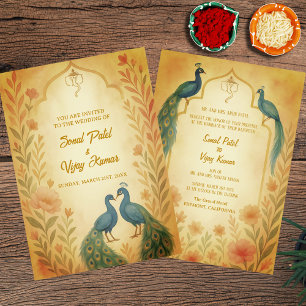 Invitación Acuarela de Boda hindú de la floral del pavo real
