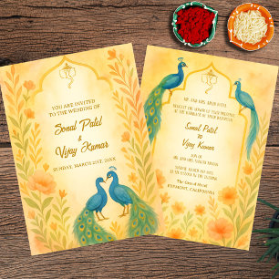 Invitación Acuarela de Boda hindú de la floral del pavo real