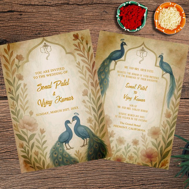 Invitación Acuarela de Boda hindú de la floral del pavo real (Subido por el creador)