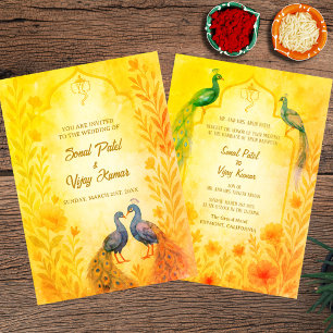 Invitación Acuarela de Boda hindú de la floral del pavo real