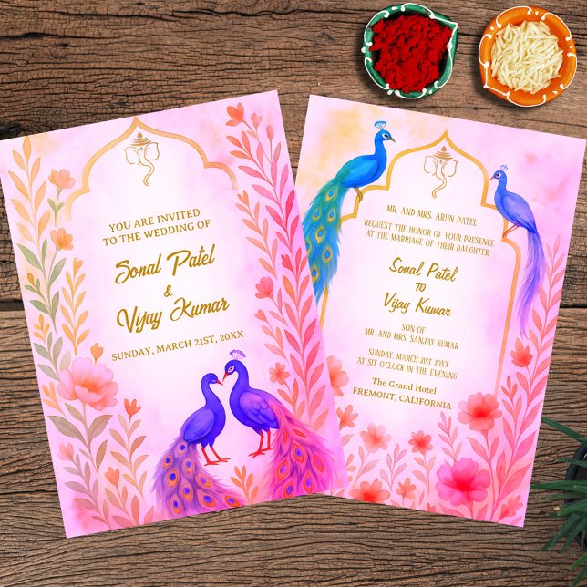 Invitación Acuarela de Boda hindú de la floral del pavo real (Subido por el creador)