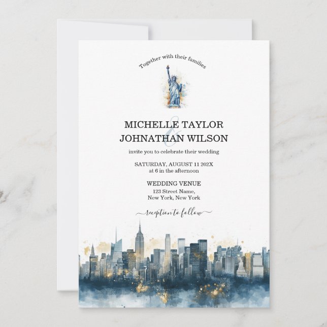 Invitación Acuarela de bodas de destino de Nueva York (Anverso)