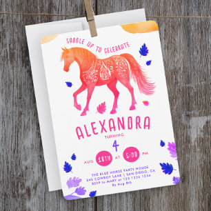 Invitación Acuarela de caballo pony rosa púrpura lindo femeni