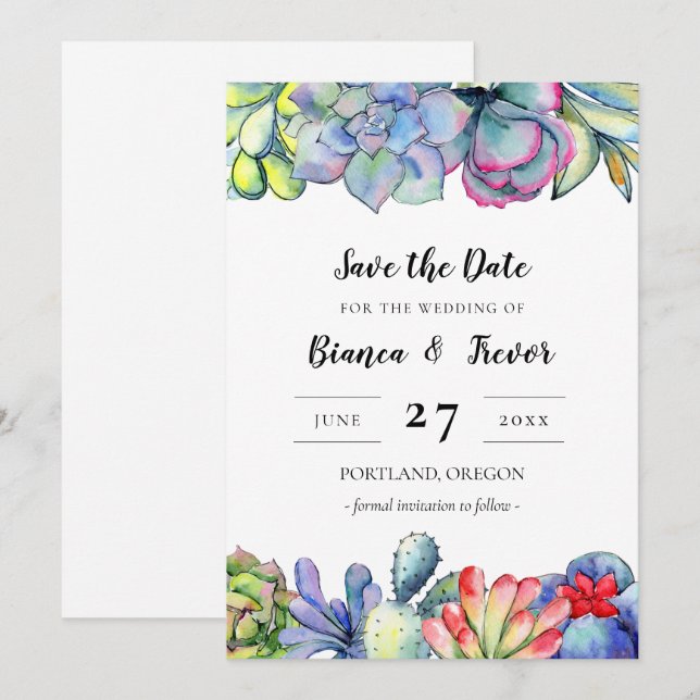Invitación Acuarela de cactus suculento para Save the date (Anverso / Reverso)