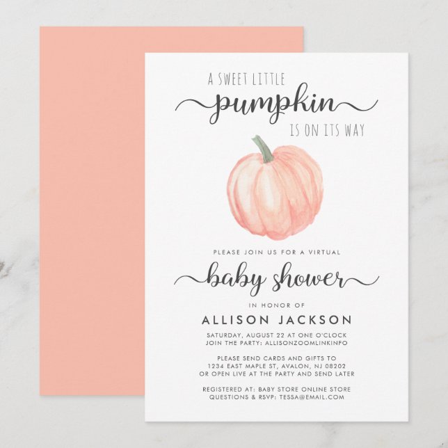 Invitación Acuarela de calabaza de Naranja virtual de Baby Sh (Anverso / Reverso)