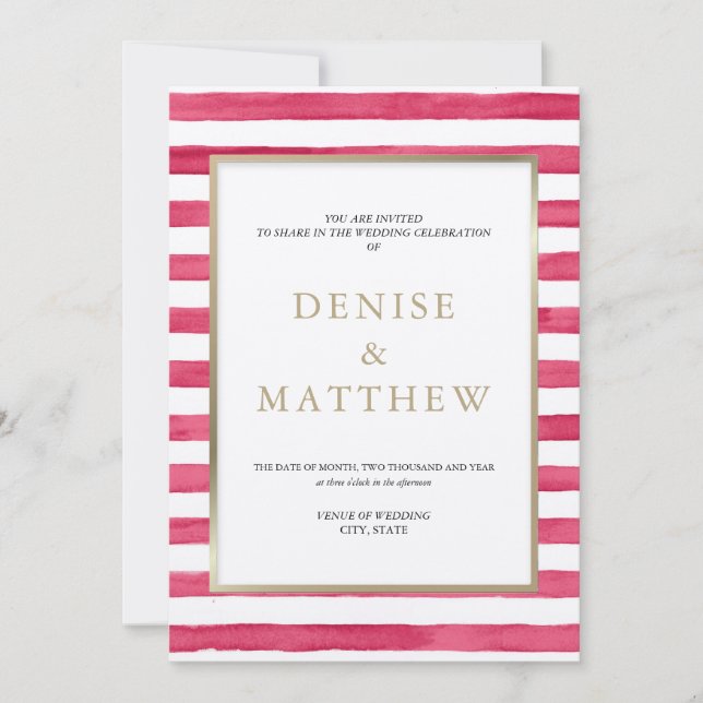 Invitación Acuarela de camelias con rayas y letras doradas pe (Anverso)