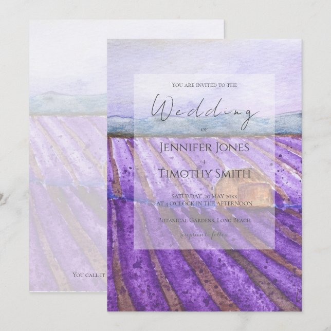 Invitación acuarela de campo de lavanda púrpura (Anverso / Reverso)
