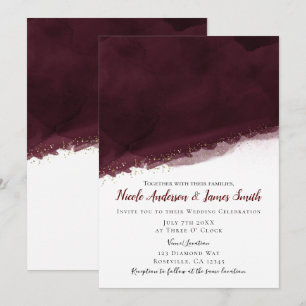 Invitación Acuarela de Cereza Negra y Dorado Boda Moderna Chi