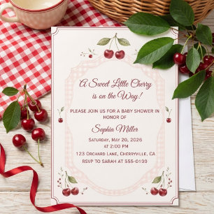 Invitación Acuarela de cereza para baby shower con cuadros ro