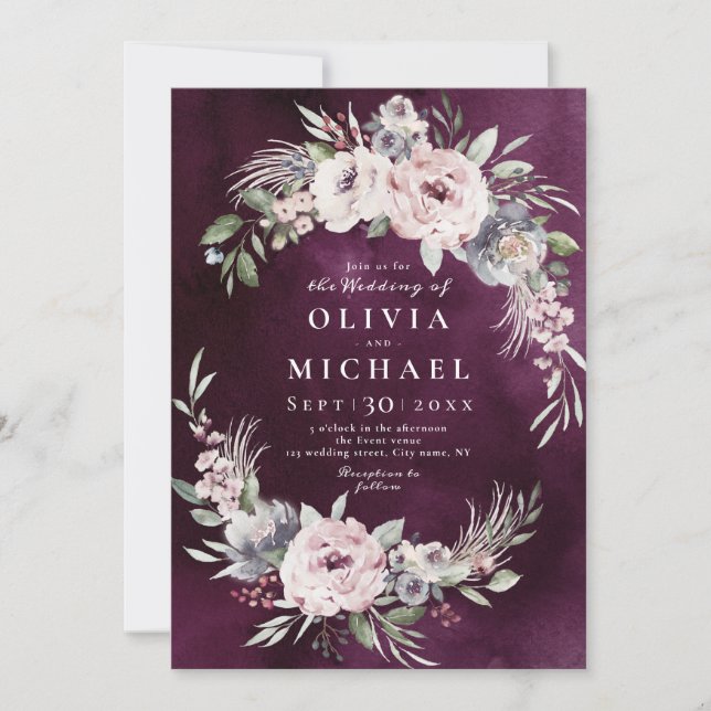 Invitación Acuarela de ciruela y boda de boho floral rosa pol (Anverso)