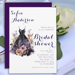 Invitación Acuarela de color negro vestido púrpura ducha de n