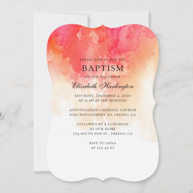 Invitación Acuarela de color rojo y melocotón moderno bautism (Anverso)