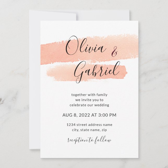Invitación Acuarela de color rosa. boda moderno y sencillo (Anverso)