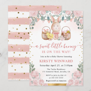 Invitación Acuarela de conejo y flores rosadas para baby show