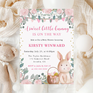 Invitación Acuarela de conejo y flores rosadas para baby show