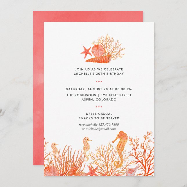 Invitación Acuarela de coral vivo bajo el mar Cumpleaños (Anverso / Reverso)