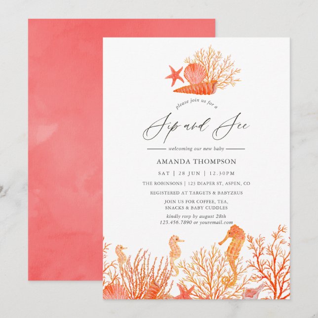 Invitación Acuarela de coral vivo bajo el mar Sip y ver (Anverso / Reverso)