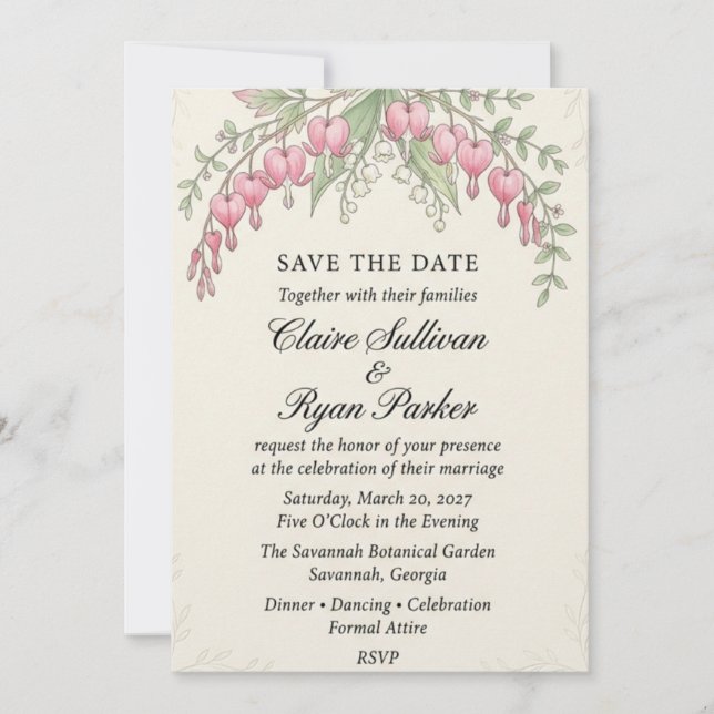 Invitación Acuarela de Corazón Sangrante y Lirio de los Valle (Anverso)
