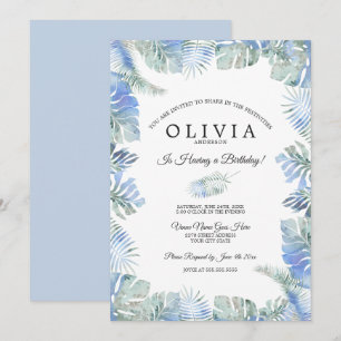 Invitación Acuarela de cumpleaños tropical deja verde azul