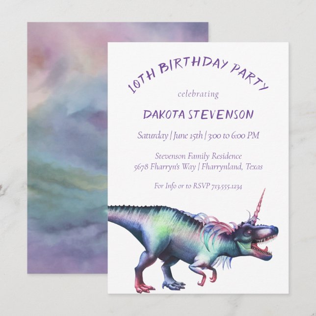 Invitación Acuarela de Dinocorn | Cumpleaños de los dinosauri (Anverso / Reverso)