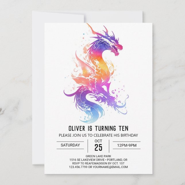 Invitación Acuarela de Dragón Mítico Cute Cumpleaños (Anverso)