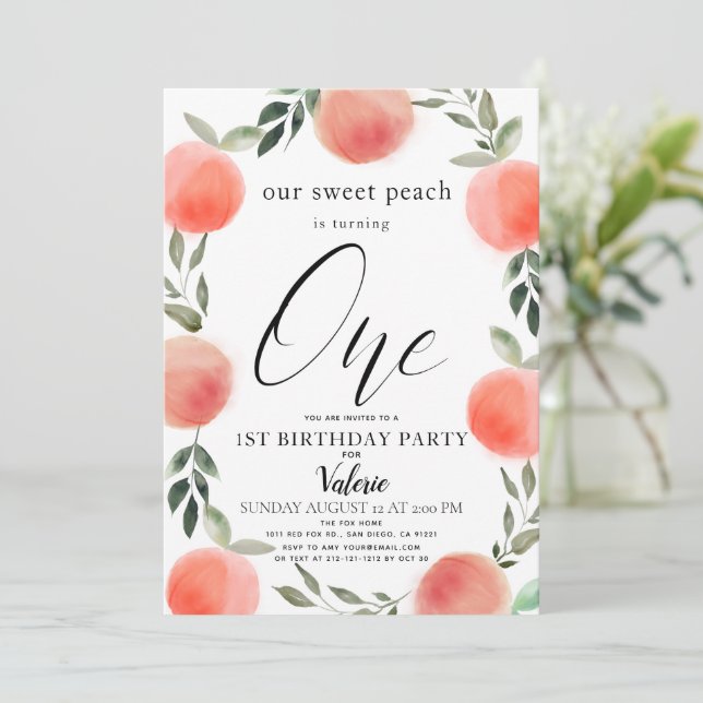 Invitación Acuarela de dulce de melocotón 1º cumpleaños (Anverso de pie)