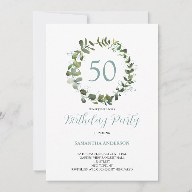 Invitación Acuarela de Eucalipto Verde 50 cumpleaños (Anverso)