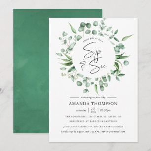 Invitación Acuarela de eucalipto verde para bebé Sip and See