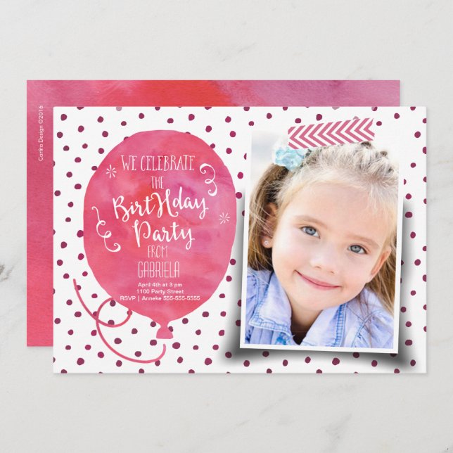 Invitación Acuarela de fiesta de cumpleaños | Chica de invita (Anverso / Reverso)