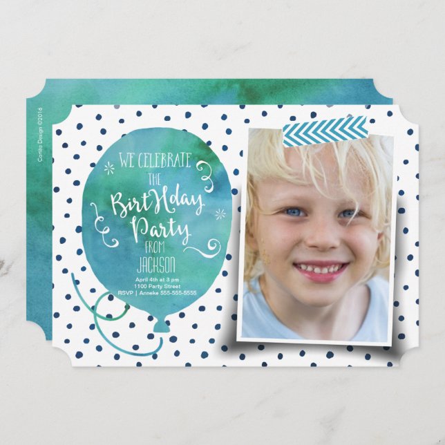 Invitación Acuarela de fiesta de cumpleaños | Niño de invitac (Anverso / Reverso)