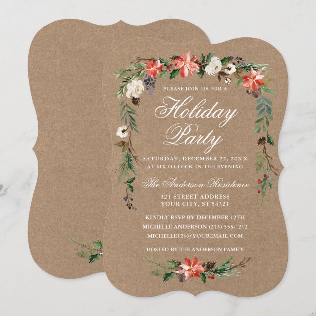 Invitación Acuarela de fiesta de vacaciones Poinsettia Kraft (Anverso / Reverso)