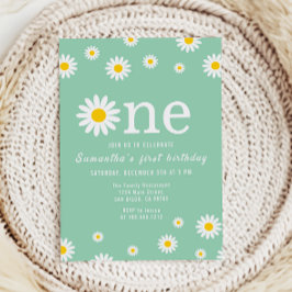 Invitación Acuarela De Flor De Chamomile Verde Primer Cumplea