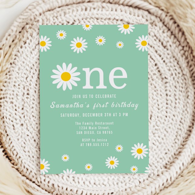 Invitación Acuarela De Flor De Chamomile Verde Primer Cumplea (Subido por el creador)