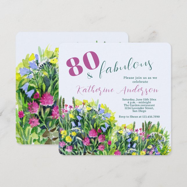 Invitación Acuarela de Flor Silvestre – Cumpleaños 80 y Fabul (Anverso / Reverso)