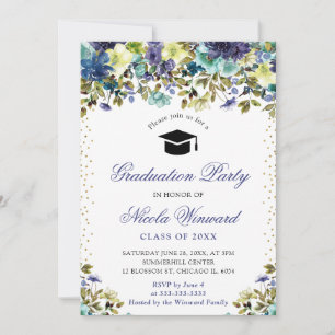 Invitación Acuarela de flores azules y navales de graduación