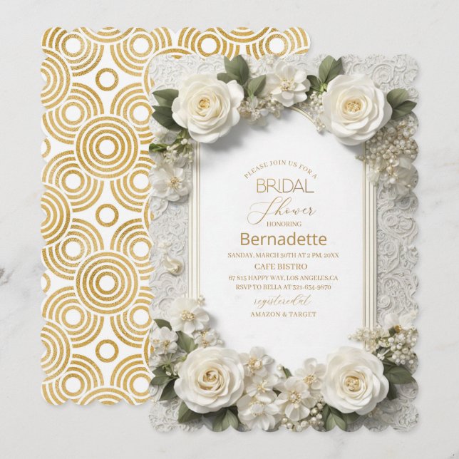 Invitación Acuarela de flores blancas 3D doradas para Despedi (Anverso / Reverso)