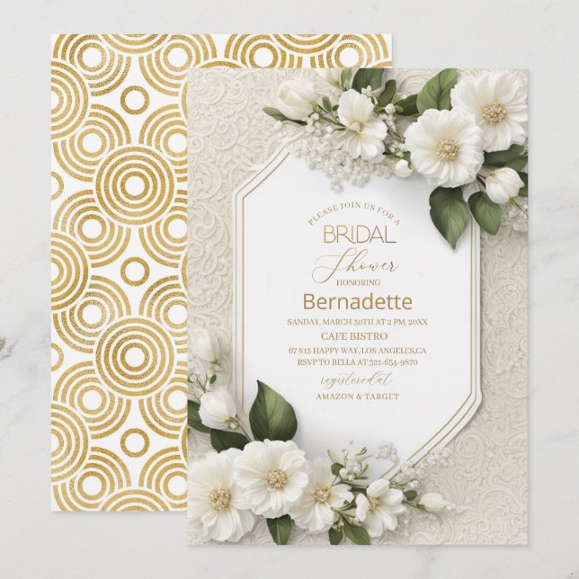 Invitación Acuarela de flores blancas 3D oro  Despedida de so (Anverso / Reverso)
