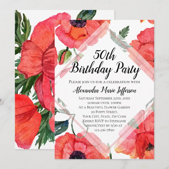 Invitación Acuarela de flores de amapola Fiesta de cumpleaños (Anverso / Reverso)