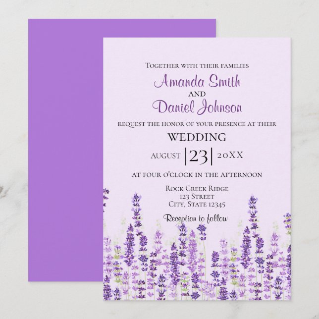 Invitación Acuarela de flores púrpuras de lavanda (Anverso / Reverso)