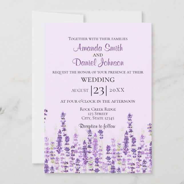 Invitación Acuarela de flores púrpuras de lavanda (Anverso)