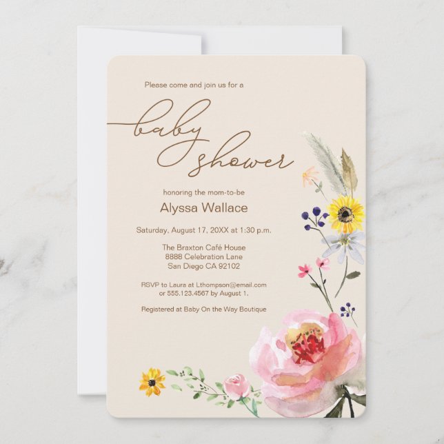 Invitación acuarela de flores silvestres Moda Floral Boho (Anverso)