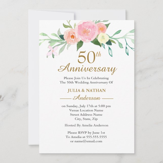 Invitación Acuarela de flores silvestres rosadas 50º aniversa (Anverso)