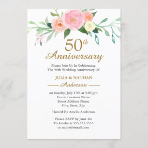 Invitación Acuarela de flores silvestres rosadas 50º aniversa
