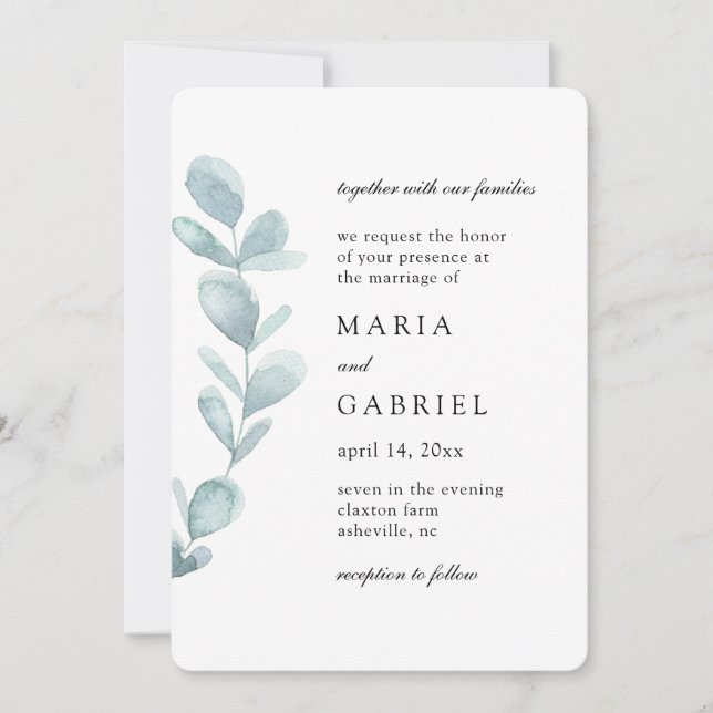 Invitación Acuarela de foliación. Boda blanco simple (Anverso)