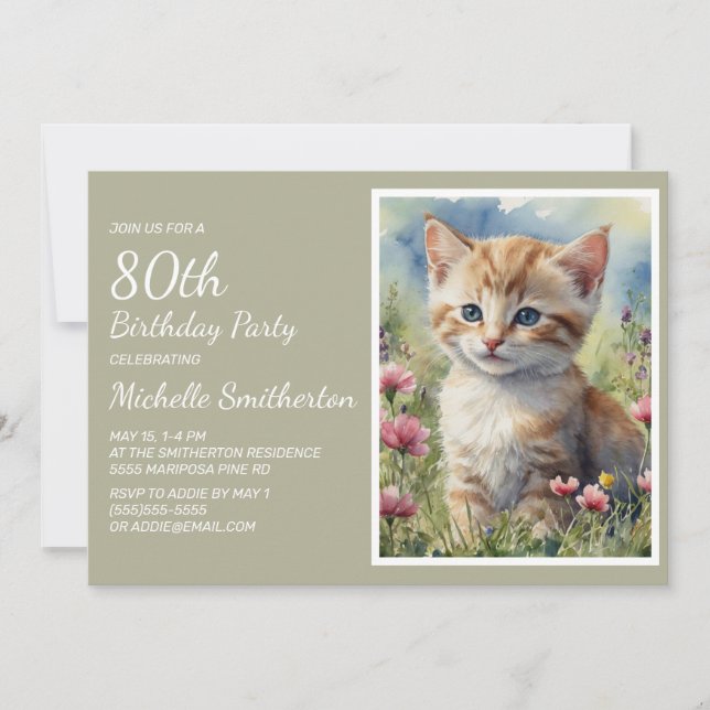 Invitación Acuarela de gatito amarillo lindo para 80 cumpleañ (Anverso)