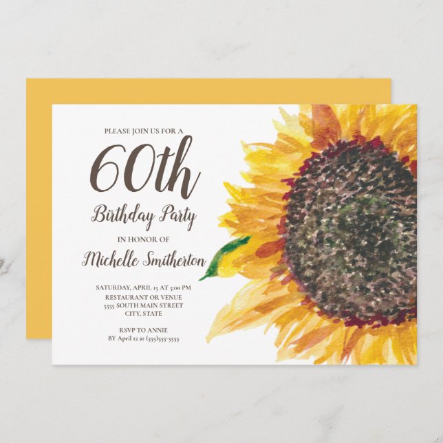 Invitación Acuarela de girasol Floral Blanco 60 cumpleaños (Anverso / Reverso)