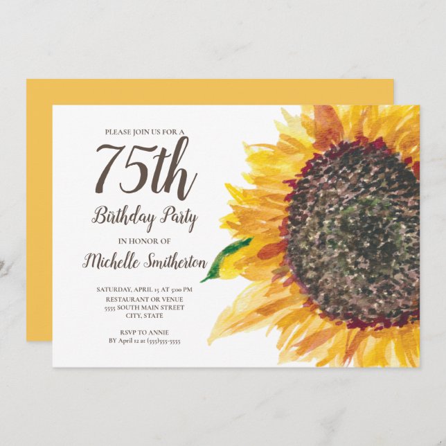 Invitación Acuarela de girasol Floral Blanco 75 cumpleaños (Anverso / Reverso)