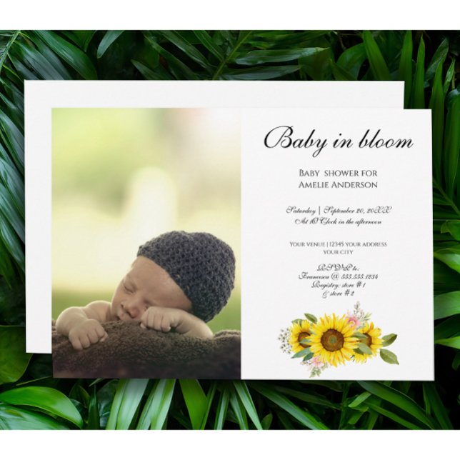 Invitación Acuarela de girasol Pink Flour Baby (Baby in bloom -  BABY SHOWER WITH SUNFLOWER)
