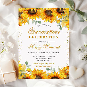 Invitación Acuarela de Girasoles y Brillo Dorado Quinceañera